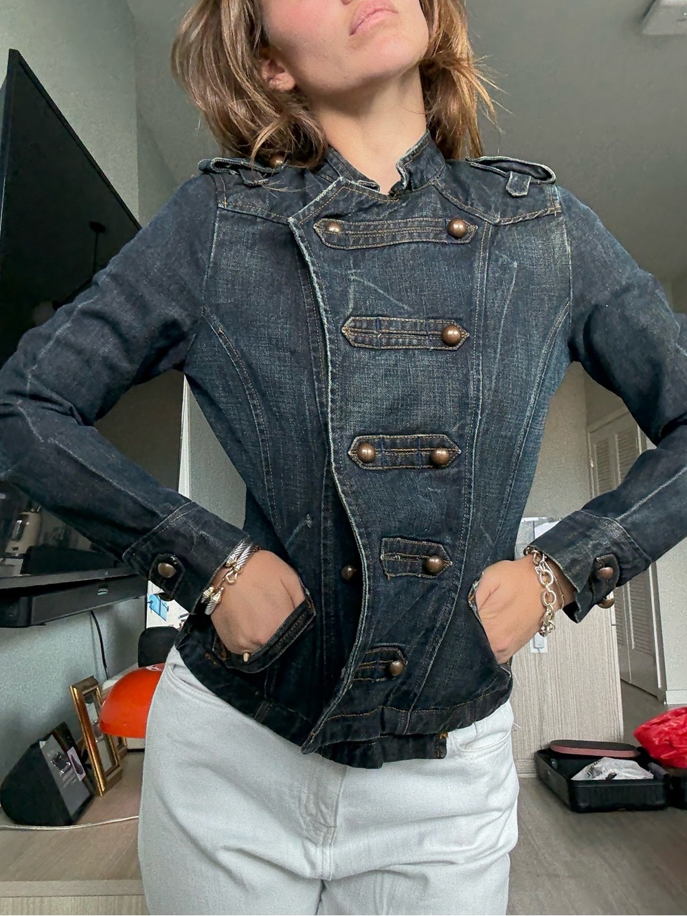 Womens Dark Denim Military-Style Jacket